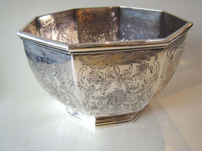A large 19th century engraved coin silver sugar bowl inscribed “Maggie to her Mother“ — image 2